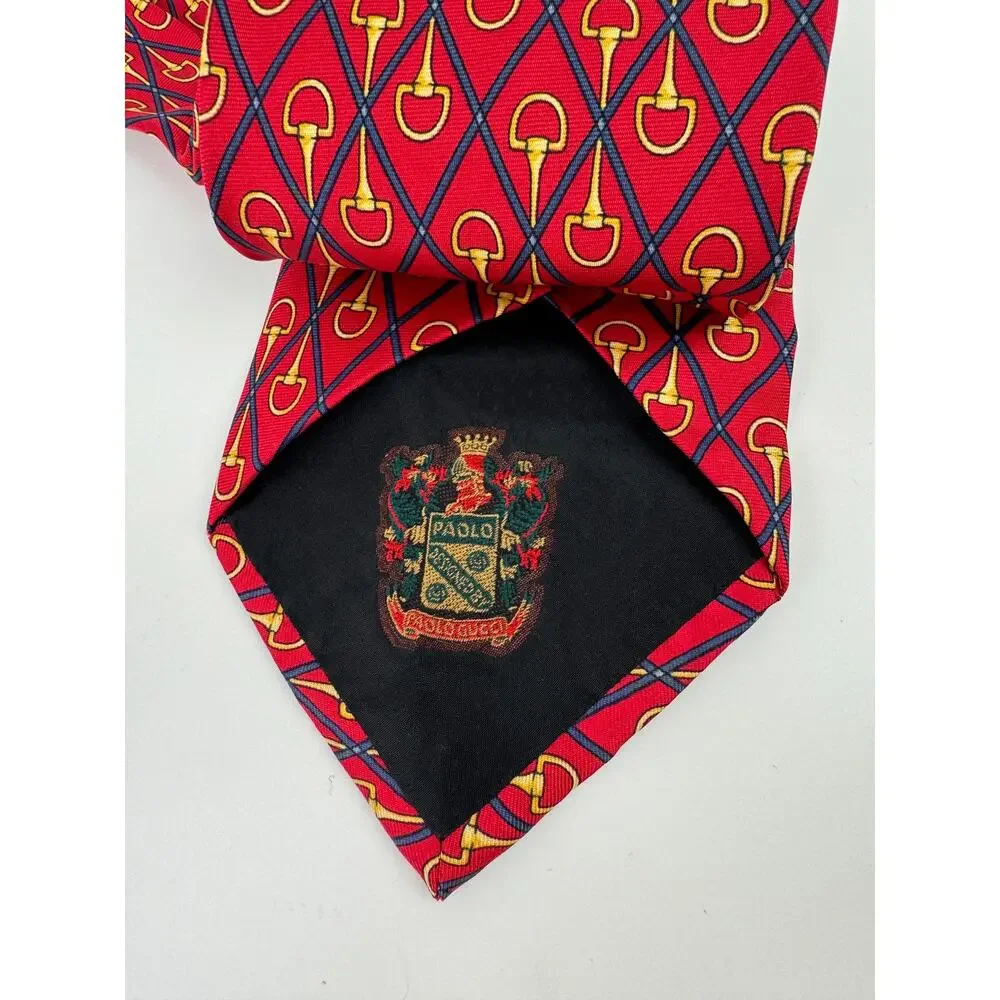 Vintage Paolo GUCCI Red Gold Horsebit Diamond Print Business Work Career Tie